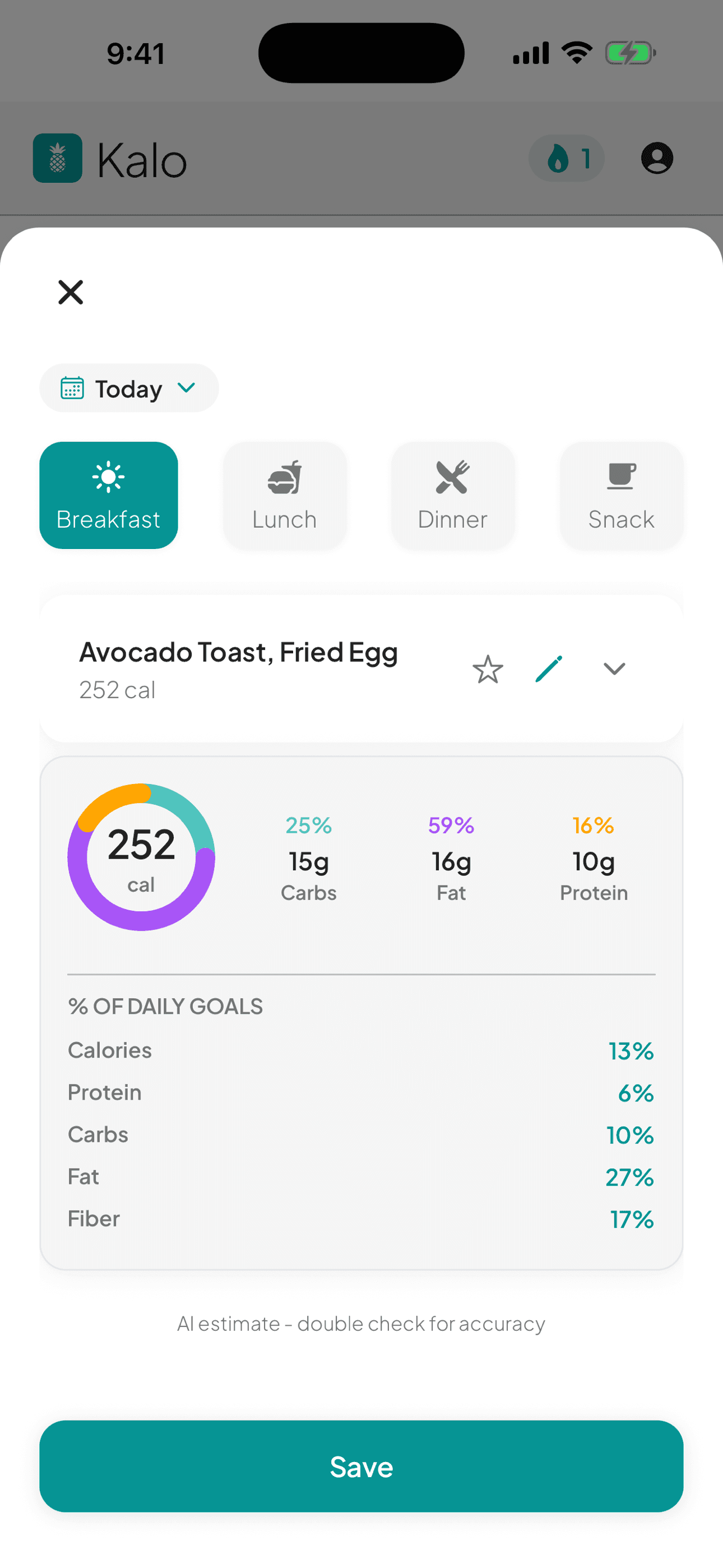 Kalo analysis showing avocado toast and fried egg at 252 calories with macro breakdown