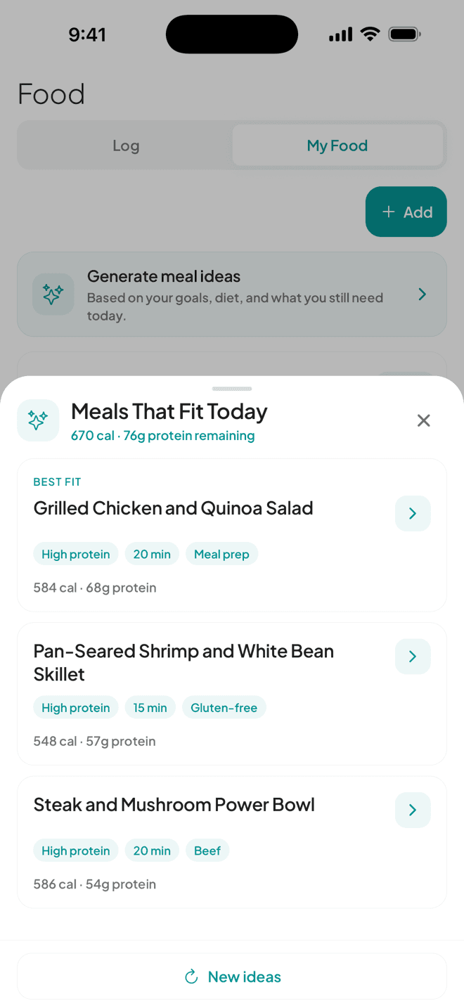 Kalo meal ideas based on calories and protein remaining for the day
