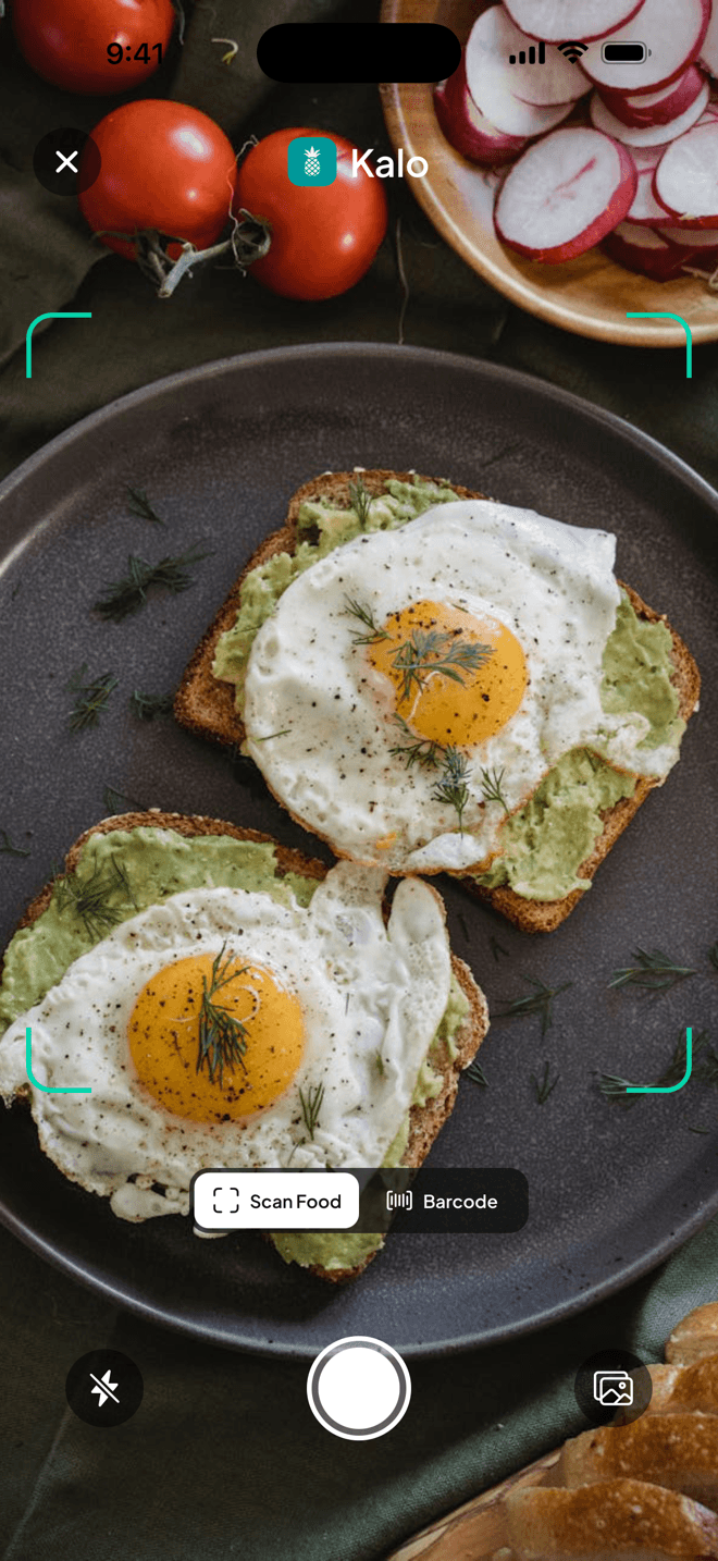 Kalo camera ready to scan an avocado toast meal or a barcode