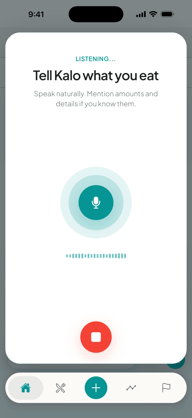 Kalo voice logging screen listening for a spoken meal description