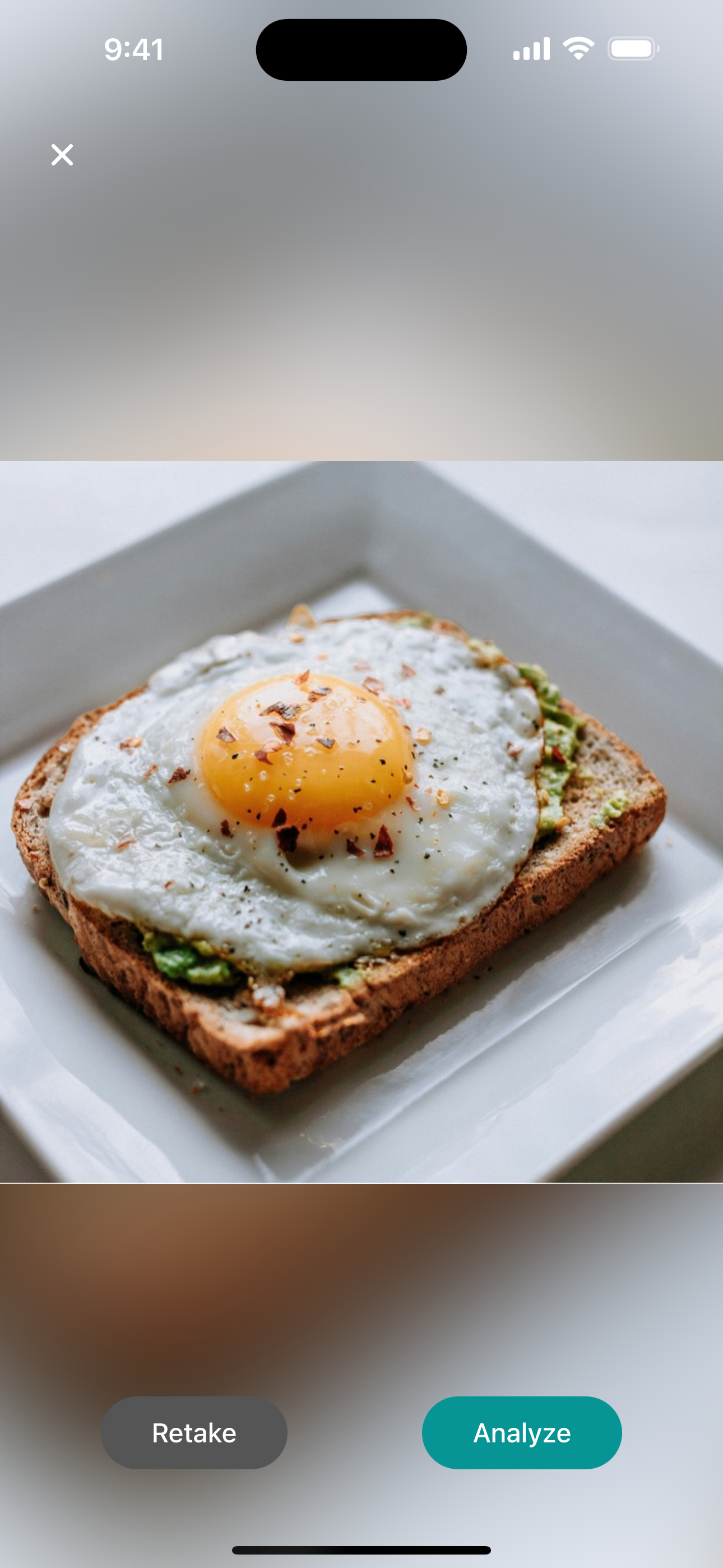 Photo of avocado toast with egg taken in Kalo app